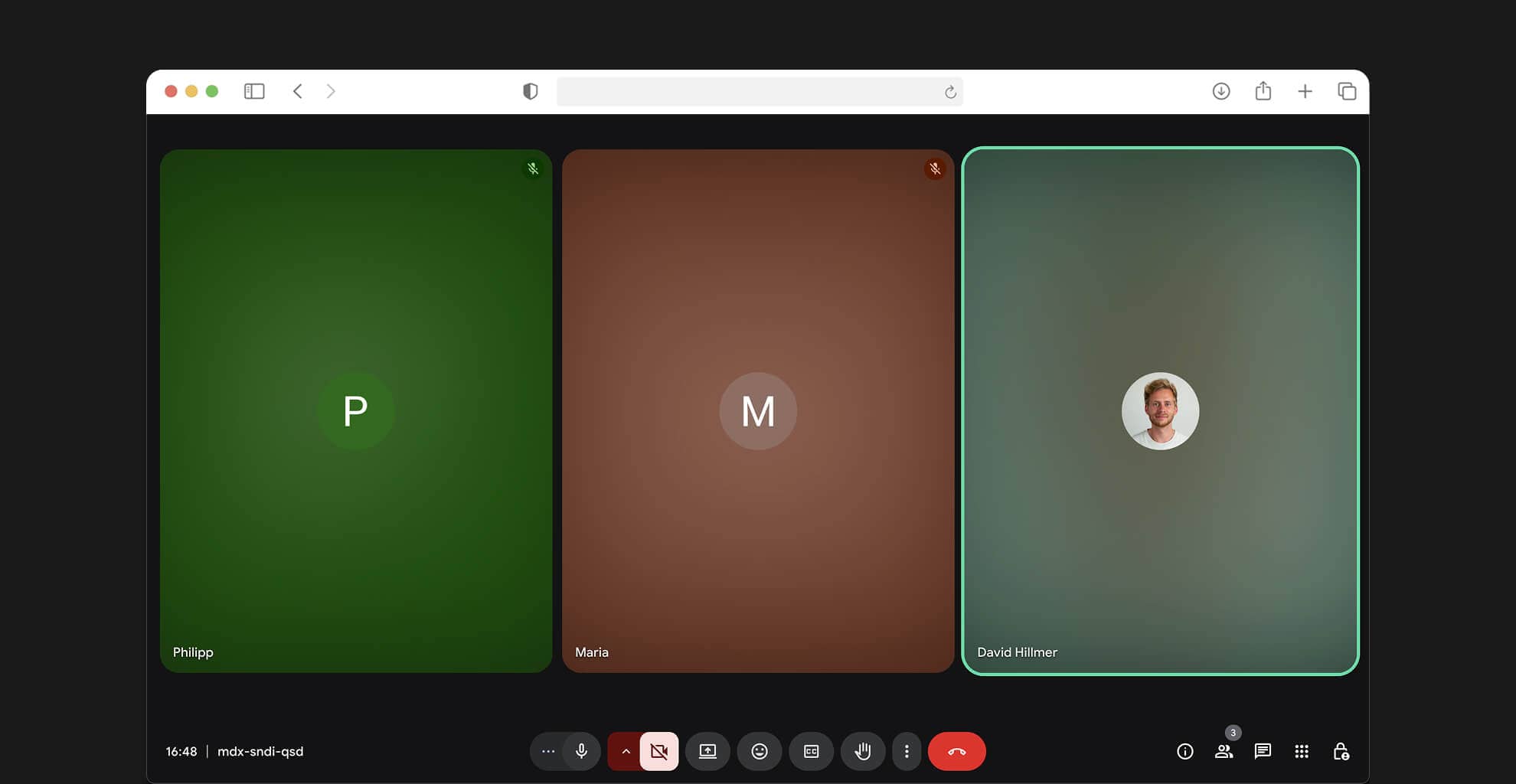 Video conference with three participants in a browser