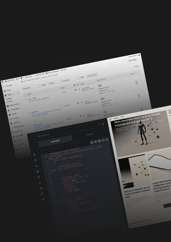 WordPress administration interface, source code and website layout