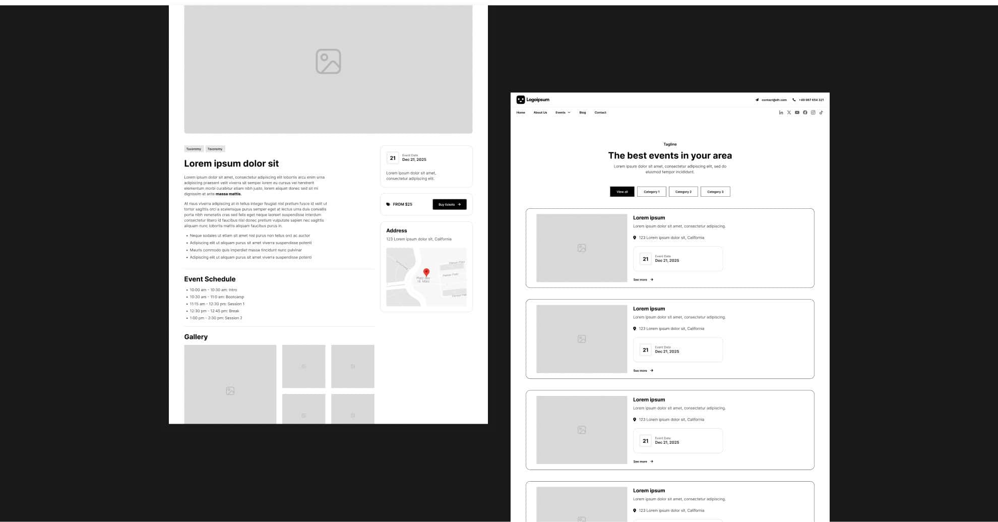 Wireframes of two web pages with content blocks and navigation
